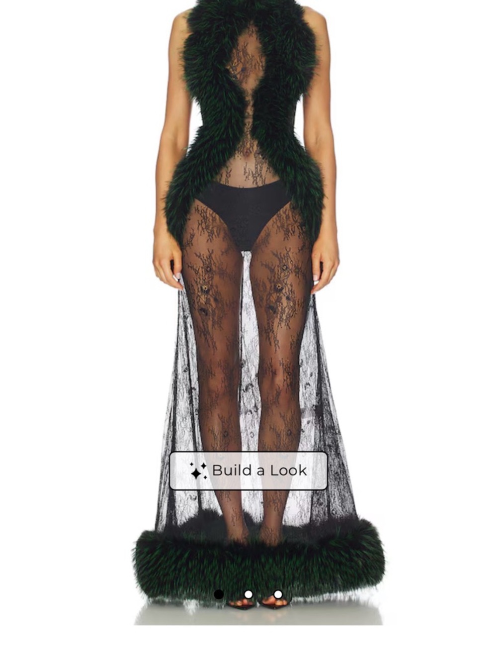Kim Shui Black Lace Maxi Dress with Dark Green Feather Trim